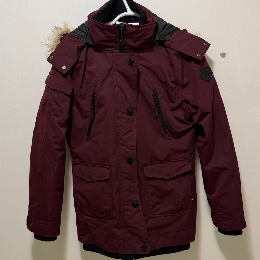 Noize Women's Burgundy Ski Jacket with Faux Fur Hood